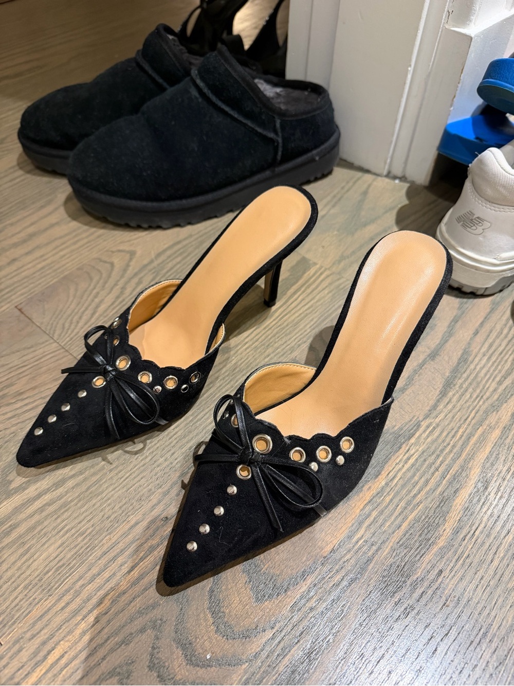 Black Studded Pointed-Toe Mule Heels - Women's